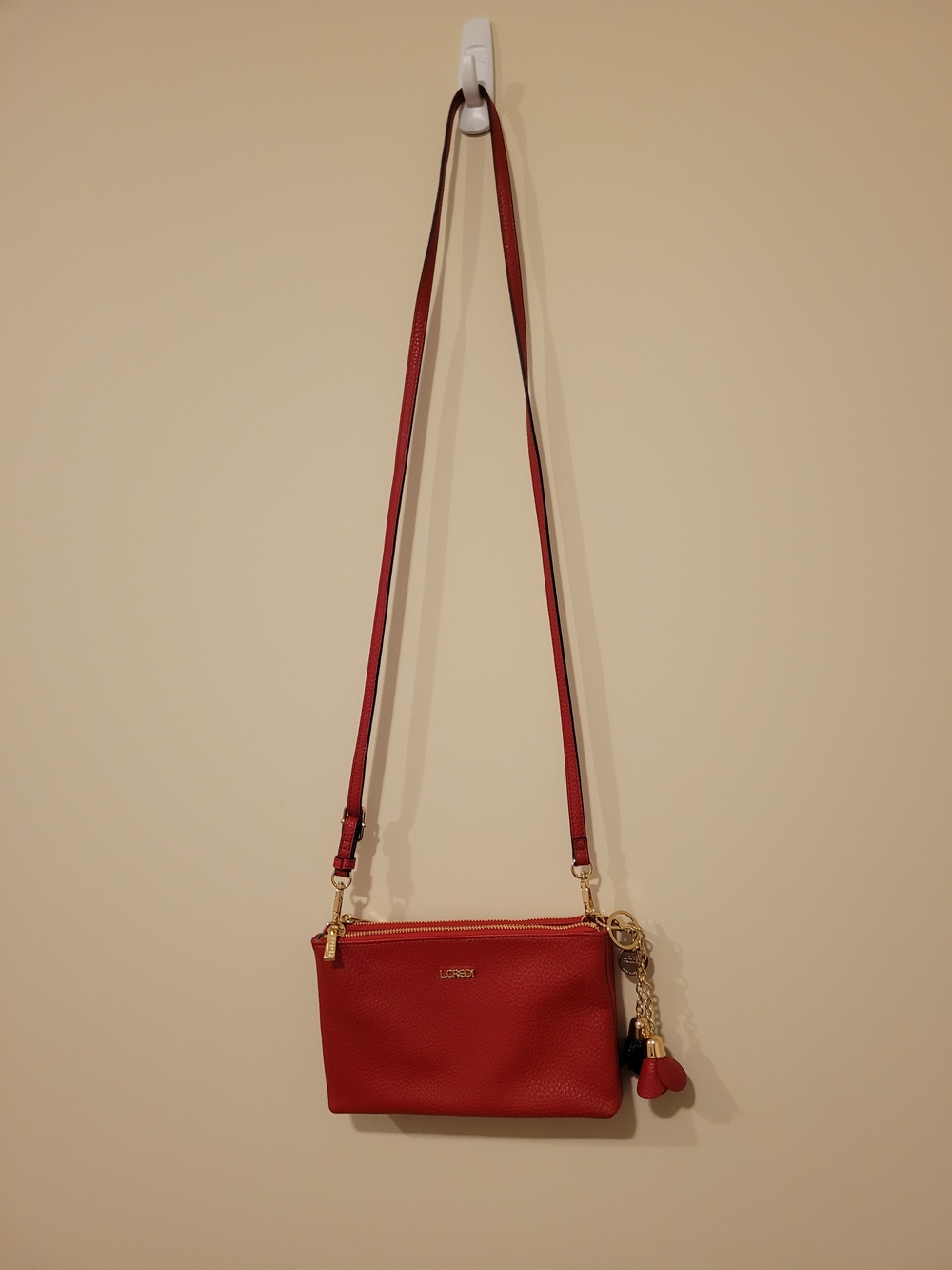 New Women's Lcredi Red Leather Crossbody Bag With Two Rose Charms
